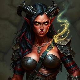 A 35-year-old female tiefling with red skin, a robust body, and pronounced square facial features