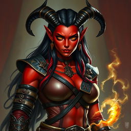A 35-year-old female tiefling with red skin, a robust body, and pronounced square facial features