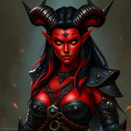 A 35-year-old female tiefling with red skin, a robust body, and pronounced square facial features