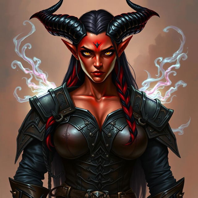 A 35-year-old female tiefling with red skin, a robust body, and pronounced square facial features