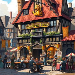 An illustration of the medieval inn called 'The Golden Lion' set in the Dungeons and Dragons universe, situated in the main square near the town's gateway
