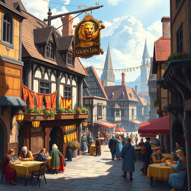 An illustration of the medieval inn called 'The Golden Lion' set in the Dungeons and Dragons universe, situated in the main square near the town's gateway