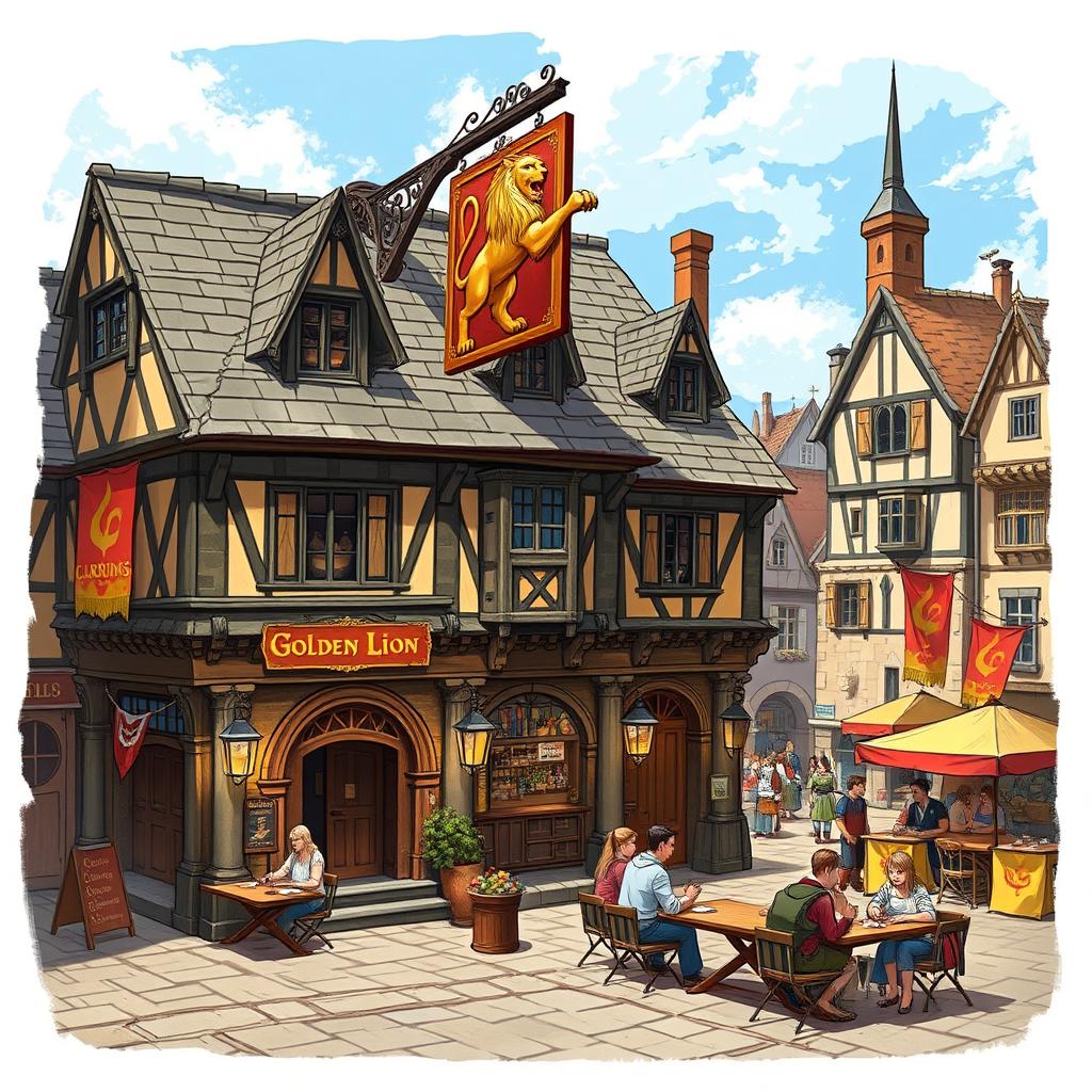 An illustration of the medieval inn called 'The Golden Lion' set in the Dungeons and Dragons universe, situated in the main square near the town's gateway