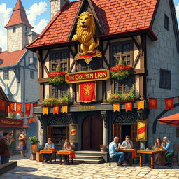 An illustration of the medieval inn called 'The Golden Lion' set in the Dungeons and Dragons universe, situated in the main square near the town's gateway