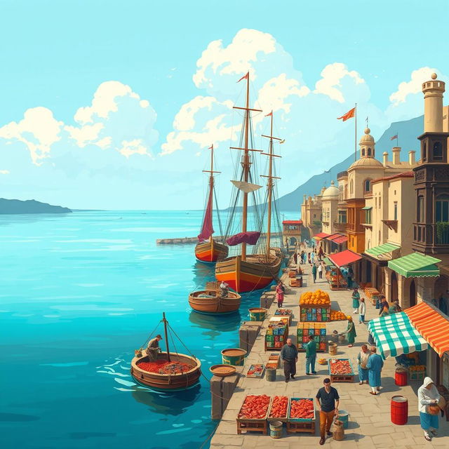 An illustration of the Suzail docks, situated by the Sea of Fallen Stars, bustling with activity