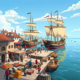 An illustration of the Suzail docks, situated by the Sea of Fallen Stars, bustling with activity