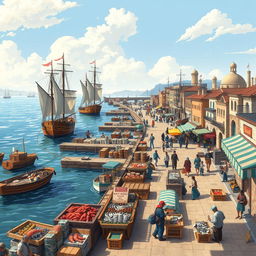 An illustration of the Suzail docks, situated by the Sea of Fallen Stars, bustling with activity