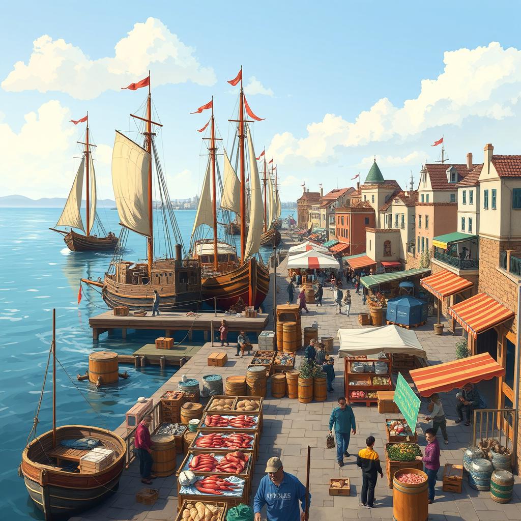 An illustration of the Suzail docks, situated by the Sea of Fallen Stars, bustling with activity