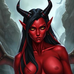 A 35-year-old female tiefling with red skin, a robust physique, and a square-shaped face