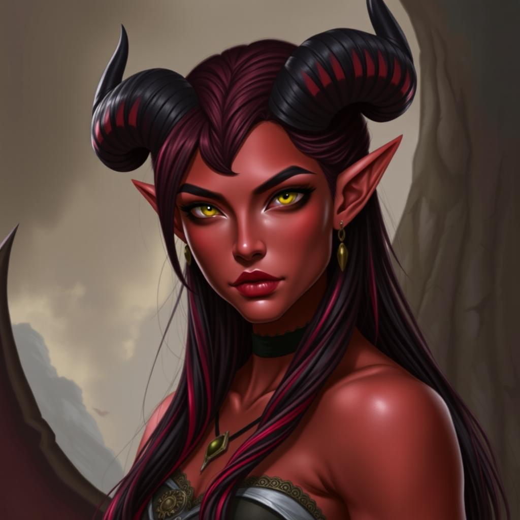 A 35-year-old female tiefling with red skin, a robust physique, and a square-shaped face