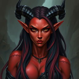 A 35-year-old female tiefling with red skin, a robust physique, and a square-shaped face