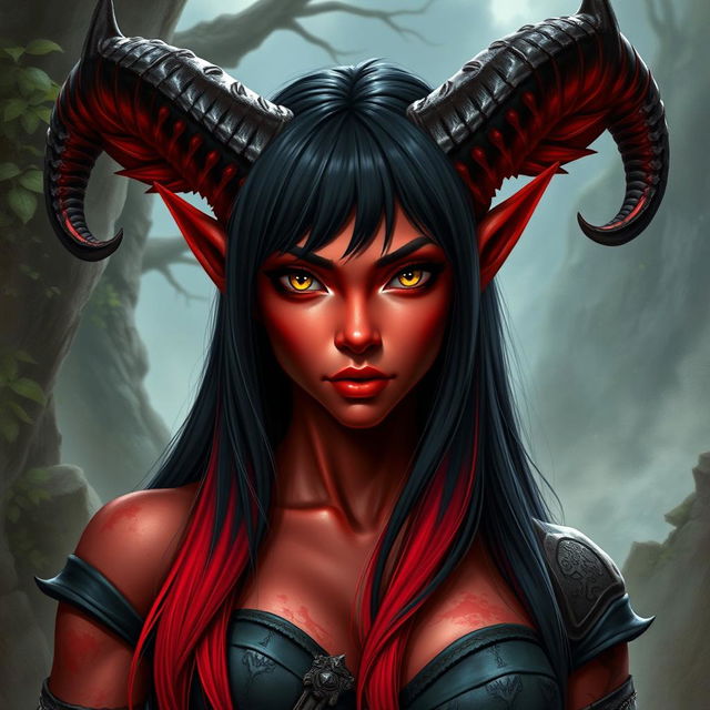 A 35-year-old female tiefling with red skin, a robust physique, and a square-shaped face