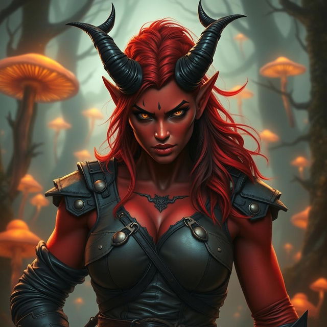 A fierce female tiefling witch, 35 years old, with vibrant red skin and a robust body