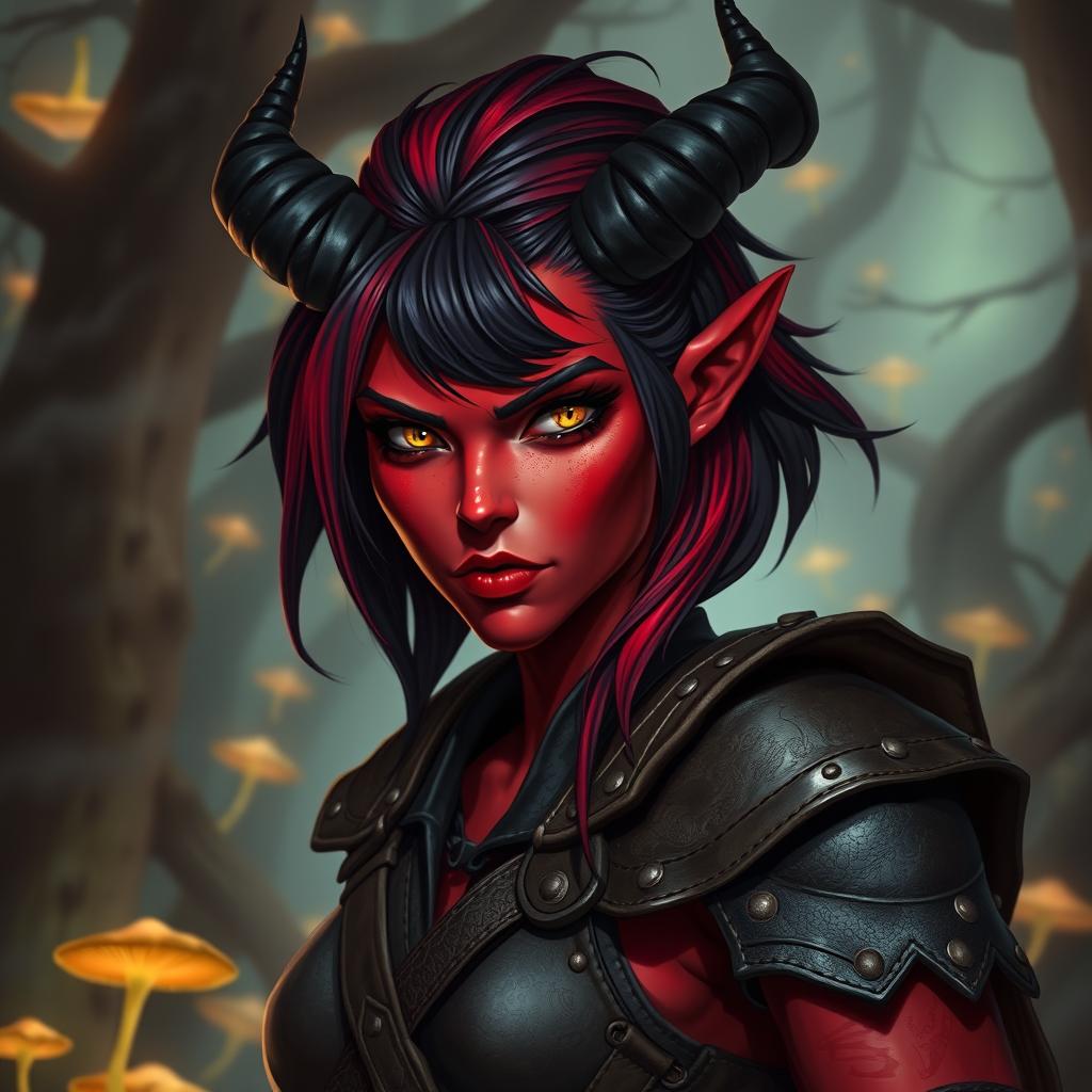 A fierce female tiefling witch, 35 years old, with vibrant red skin and a robust body