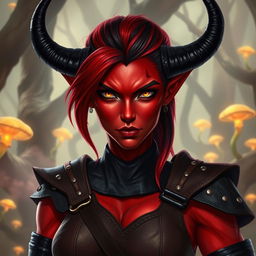 A fierce female tiefling witch, 35 years old, with vibrant red skin and a robust body