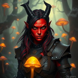 A fierce female tiefling witch, 35 years old, with vibrant red skin and a robust body