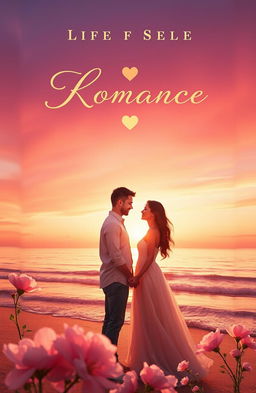 A romantic book cover design, featuring a beautiful sunset over a calm beach