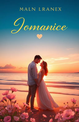 A romantic book cover design, featuring a beautiful sunset over a calm beach