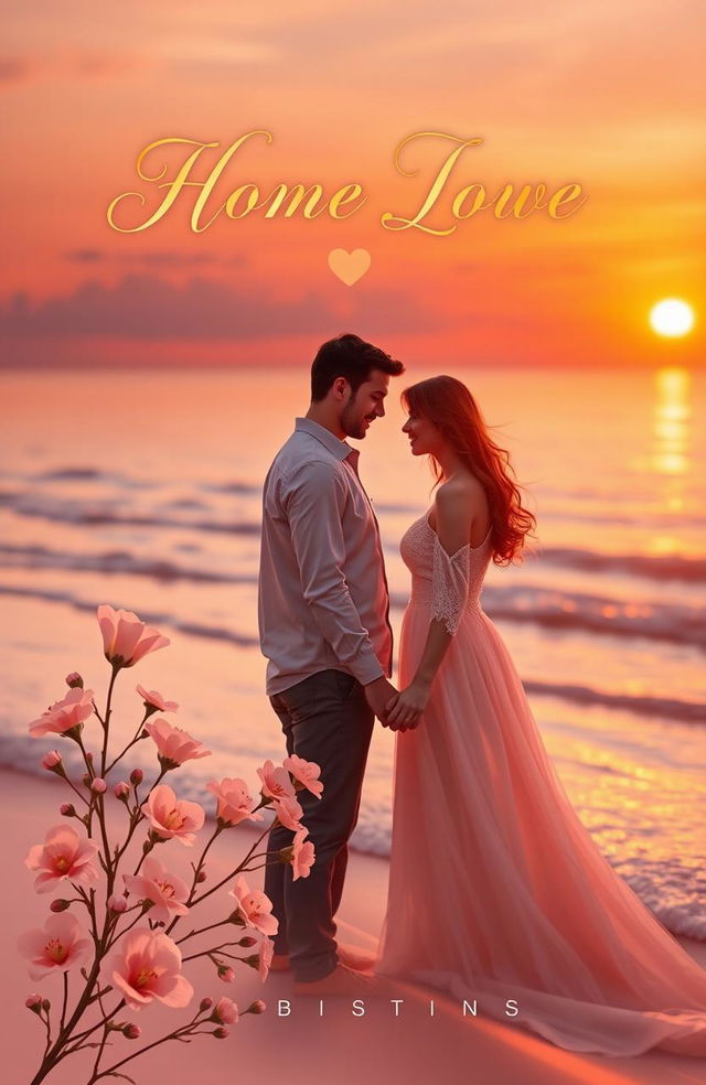 A romantic book cover design, featuring a beautiful sunset over a calm beach