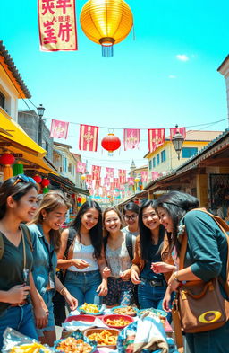 An adventurous scene depicting a group of diverse young adults joyfully exploring a vibrant street market full of colors, exotic foods, and cultural stalls