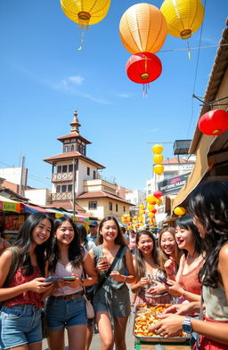 An adventurous scene depicting a group of diverse young adults joyfully exploring a vibrant street market full of colors, exotic foods, and cultural stalls