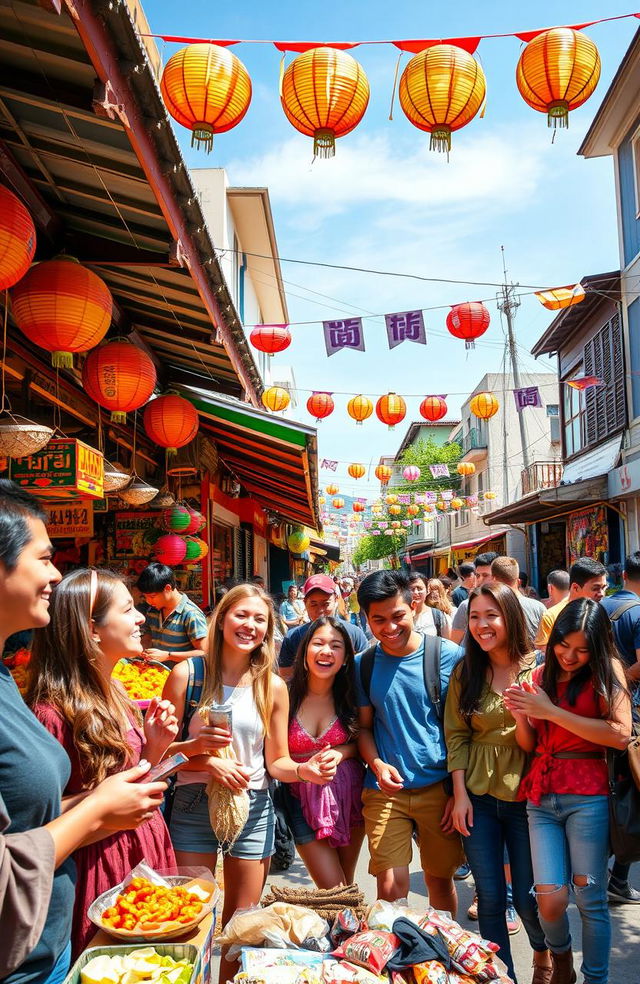 An adventurous scene depicting a group of diverse young adults joyfully exploring a vibrant street market full of colors, exotic foods, and cultural stalls