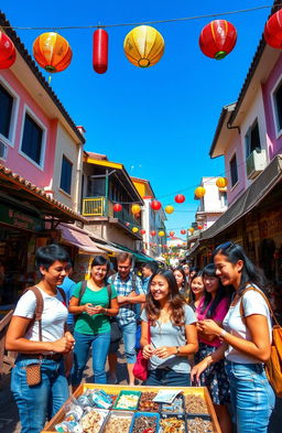 An adventurous scene depicting a group of diverse young adults joyfully exploring a vibrant street market full of colors, exotic foods, and cultural stalls