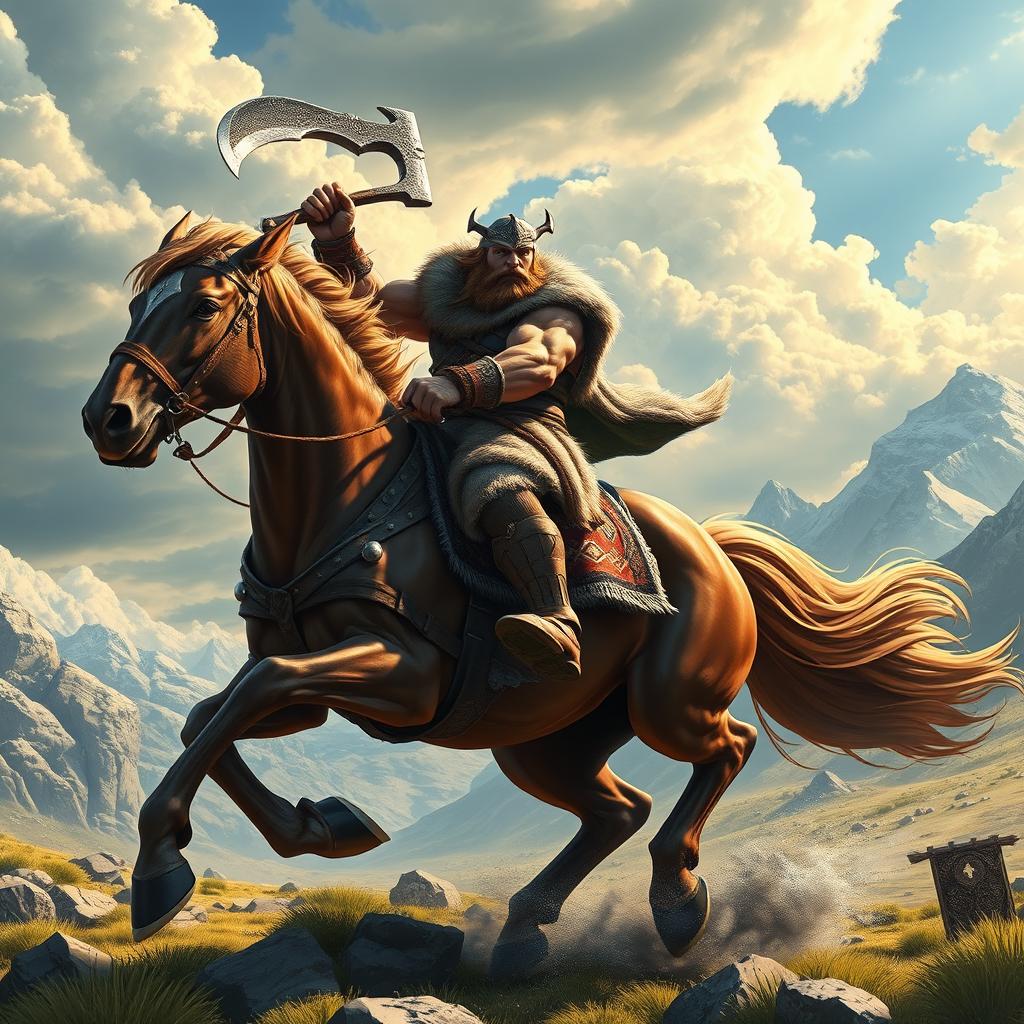 A fierce Viking warrior, muscular and battle-ready, rides a powerful horse through a rugged landscape, portrayed in a captivating game art style