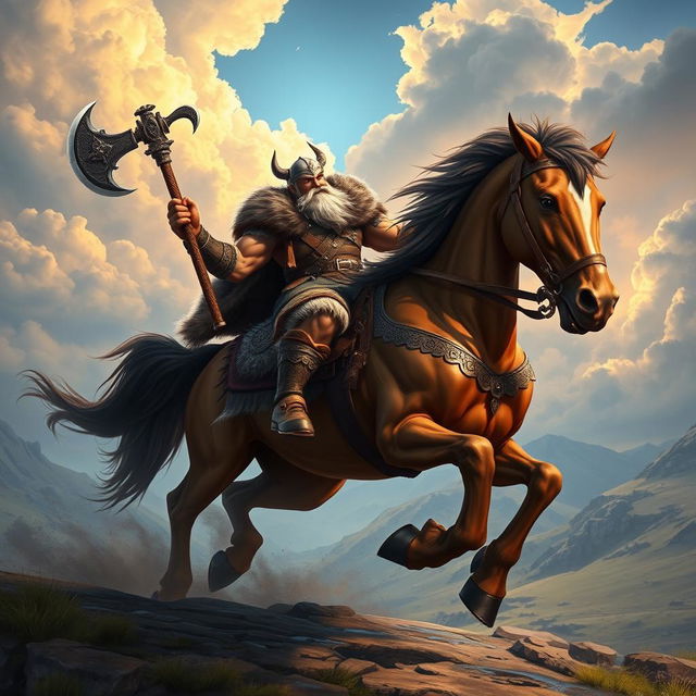 A fierce Viking warrior, muscular and battle-ready, rides a powerful horse through a rugged landscape, portrayed in a captivating game art style