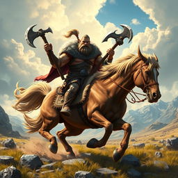 A fierce Viking warrior, muscular and battle-ready, rides a powerful horse through a rugged landscape, portrayed in a captivating game art style