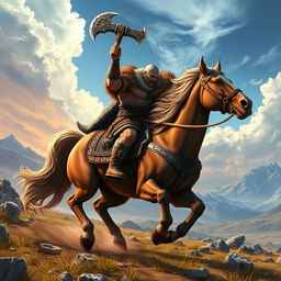A fierce Viking warrior, muscular and battle-ready, rides a powerful horse through a rugged landscape, portrayed in a captivating game art style