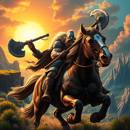 A fierce Viking warrior with a prominent blue mark on his face rides a powerful horse, illustrated in a striking game art style