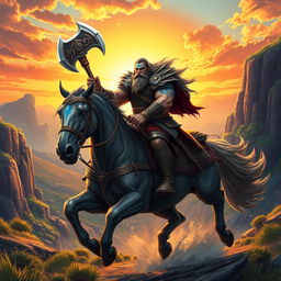 A fierce Viking warrior with a prominent blue mark on his face rides a powerful horse, illustrated in a striking game art style