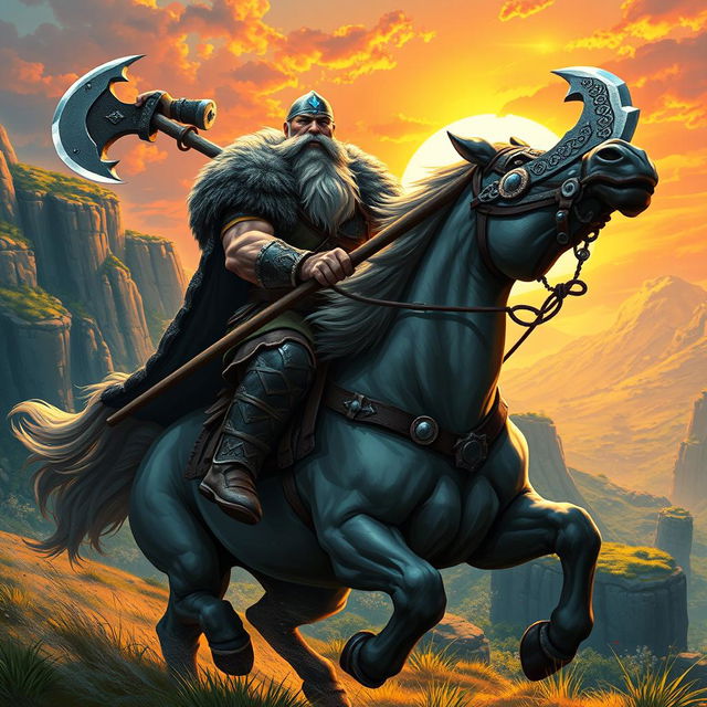 A fierce Viking warrior with a prominent blue mark on his face rides a powerful horse, illustrated in a striking game art style