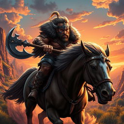 A fierce Viking warrior with a prominent blue mark on his face rides a powerful horse, illustrated in a striking game art style