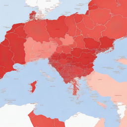 Generate a world map featuring Italy, Sardinia, Southern France, Tunisia, Morocco, and Spain prominently highlighted in red.