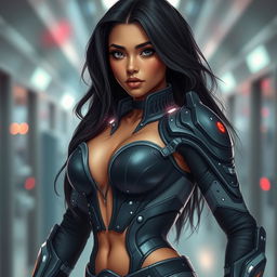 A latina girl wearing stylish, revealing medical armor that accentuates her figure, featuring intricate details in the design