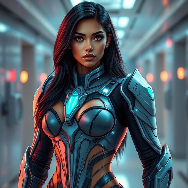 A latina girl wearing stylish, revealing medical armor that accentuates her figure, featuring intricate details in the design