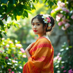 A beautiful Asian woman elegantly draped in a colorful saree, showcasing intricate patterns and vibrant colors