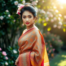A beautiful Asian woman elegantly draped in a colorful saree, showcasing intricate patterns and vibrant colors