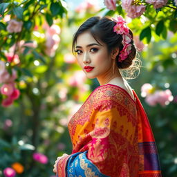 A beautiful Asian woman elegantly draped in a colorful saree, showcasing intricate patterns and vibrant colors