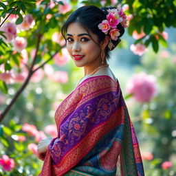 A beautiful Asian woman elegantly draped in a colorful saree, showcasing intricate patterns and vibrant colors