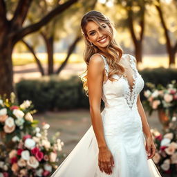 A stunning bride at her wedding, showcasing a beautifully designed open wedding dress that elegantly reveals her figure
