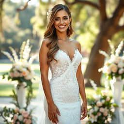 A stunning bride at her wedding, showcasing a beautifully designed open wedding dress that elegantly reveals her figure