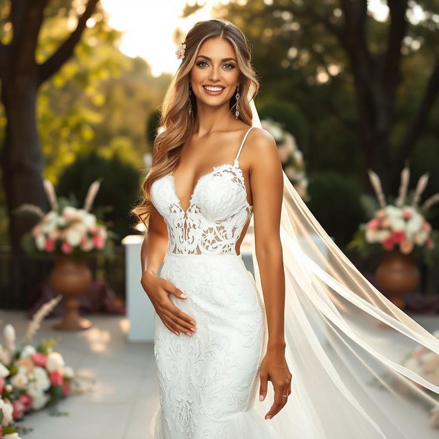 A stunning bride at her wedding, showcasing a beautifully designed open wedding dress that elegantly reveals her figure