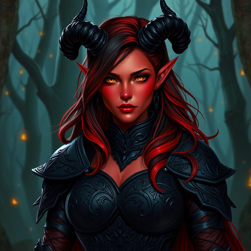 A 35-year-old female tiefling sorceress with red skin and a square-shaped face