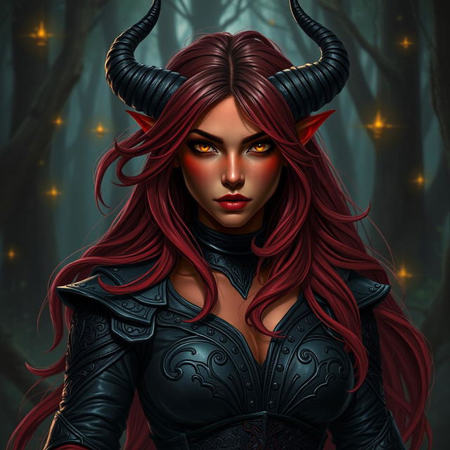 A 35-year-old female tiefling sorceress with red skin and a square-shaped face