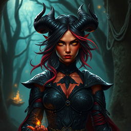 A 35-year-old female tiefling sorceress with red skin and a square-shaped face
