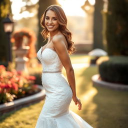 A beautiful woman wearing a stunning wedding dress that hugs her curves, showcasing her radiant smile