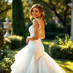 A beautiful woman wearing a stunning wedding dress that hugs her curves, showcasing her radiant smile